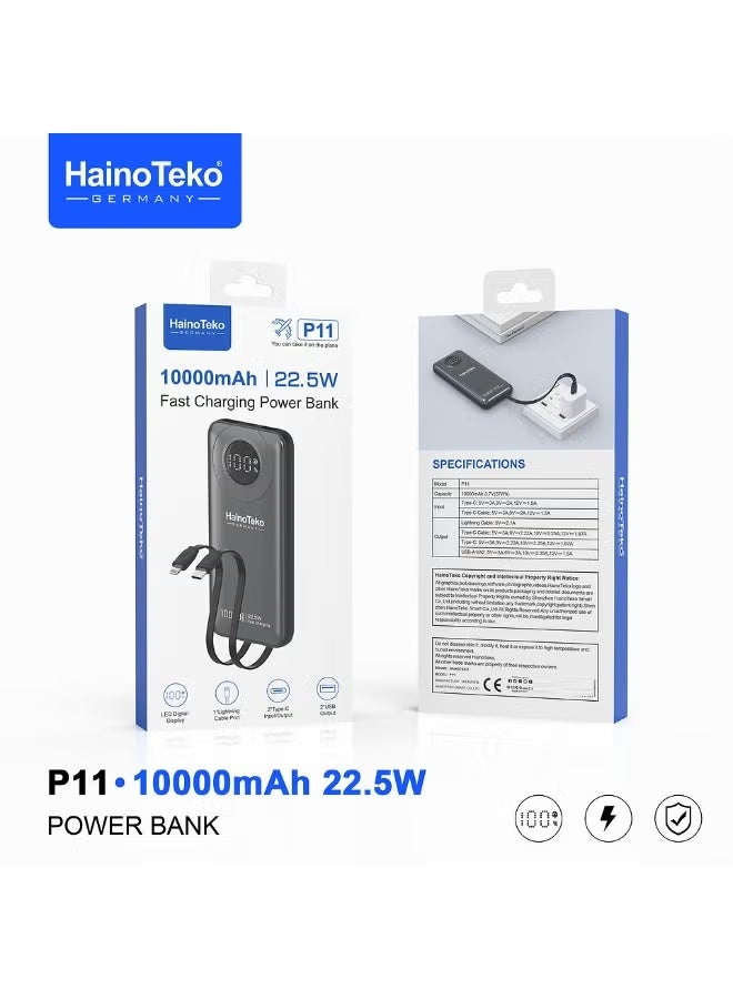 Haino Teko P11 10000mAh Portable Power Bank with 22.5W Fast Charging, LED Display, Built-in Cables & Multi-Device Support – Compact Silver External Battery for Smartphones & Tablets - Image 1