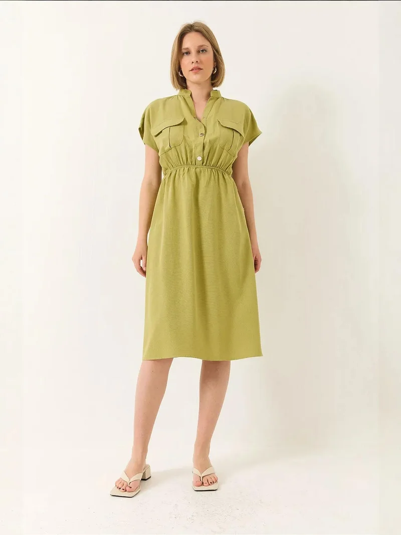 Bianco Lucci LUCCI Midi V-Neck Poplin Dress with Pockets