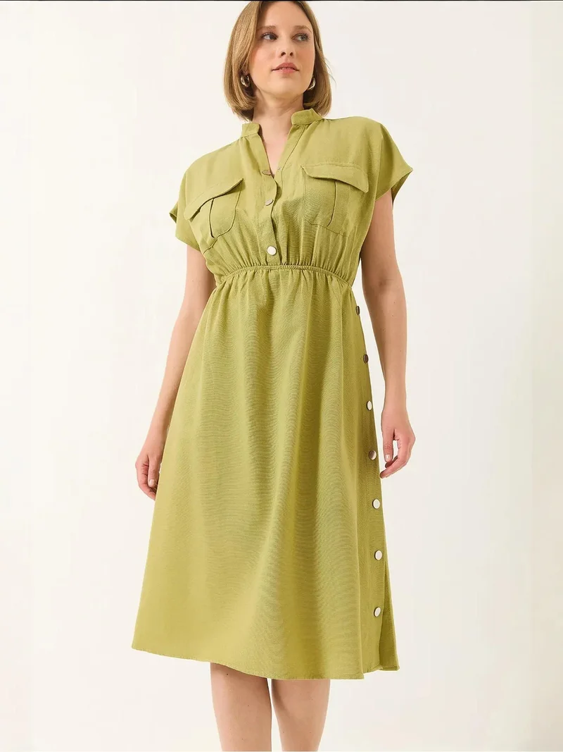 Bianco Lucci LUCCI Midi V-Neck Poplin Dress with Pockets