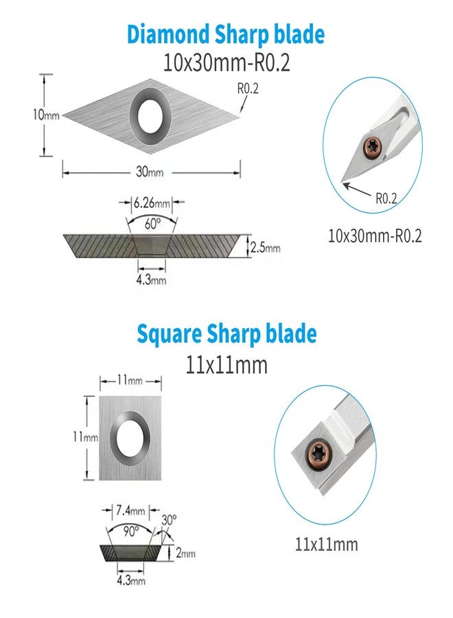 DEEFIINE 18 Pieces Tungsten Carbide Cutters Inserts Set for Wood Lathe Turning Tools Include 11 mm Square with Radius, 12 mm and 8.9 mm Round, 30 x 10 mm Diamond with Pointed Point,6 Pieces screws. - Image 4