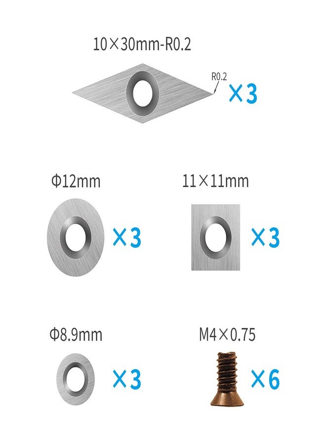 DEEFIINE 18 Pieces Tungsten Carbide Cutters Inserts Set for Wood Lathe Turning Tools Include 11 mm Square with Radius, 12 mm and 8.9 mm Round, 30 x 10 mm Diamond with Pointed Point,6 Pieces screws. - Image 5