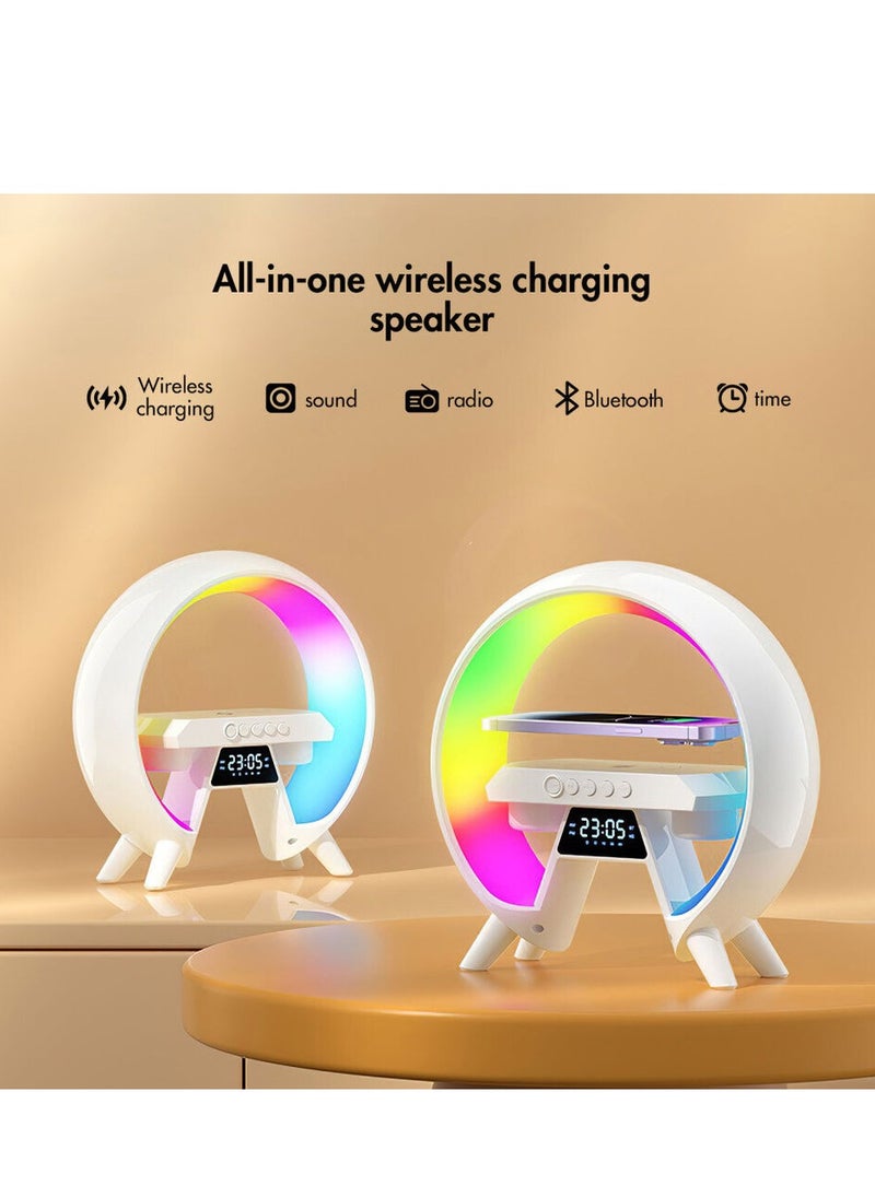 Generic - مكبر صوت بلوتوث محمول ومصباح متعدد الوظائف مع شاحن لاسلكي، مصباح طاولة LED ذكي، ضوء ليلي قابل للتعتيم، شاحن لاسلكي بقوة 10 وات، ساعة منبه، شاشة عرض الوقت، مشغل موسيقى هاي فاي - Image 1