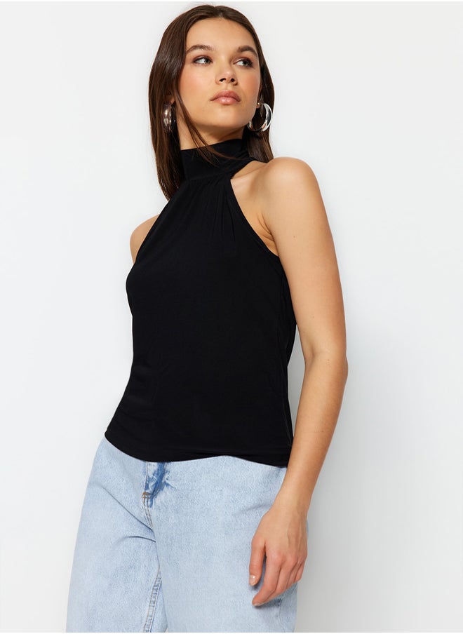 trendyol - Black Halter Neck Off-the-Shoulder Stretch Knitted Blouse TWOSS23BZ00947 - Image 1