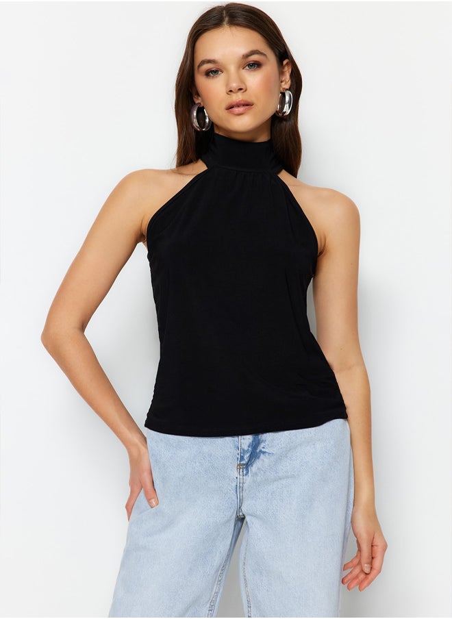 trendyol - Black Halter Neck Off-the-Shoulder Stretch Knitted Blouse TWOSS23BZ00947 - Image 1