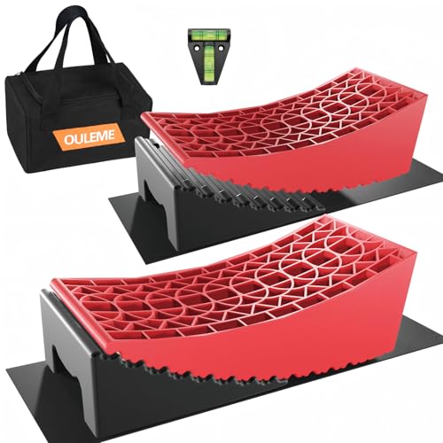 OULEME RV Leveling Blocks Camper Leveler System 2 Packs for Dual Axle Tandem Wheel Travel Trailer Include 2 Curved Leveler Ramp 2 Chock 2 Rubber Mat 1 T Bubble Level 1 Carry Bag