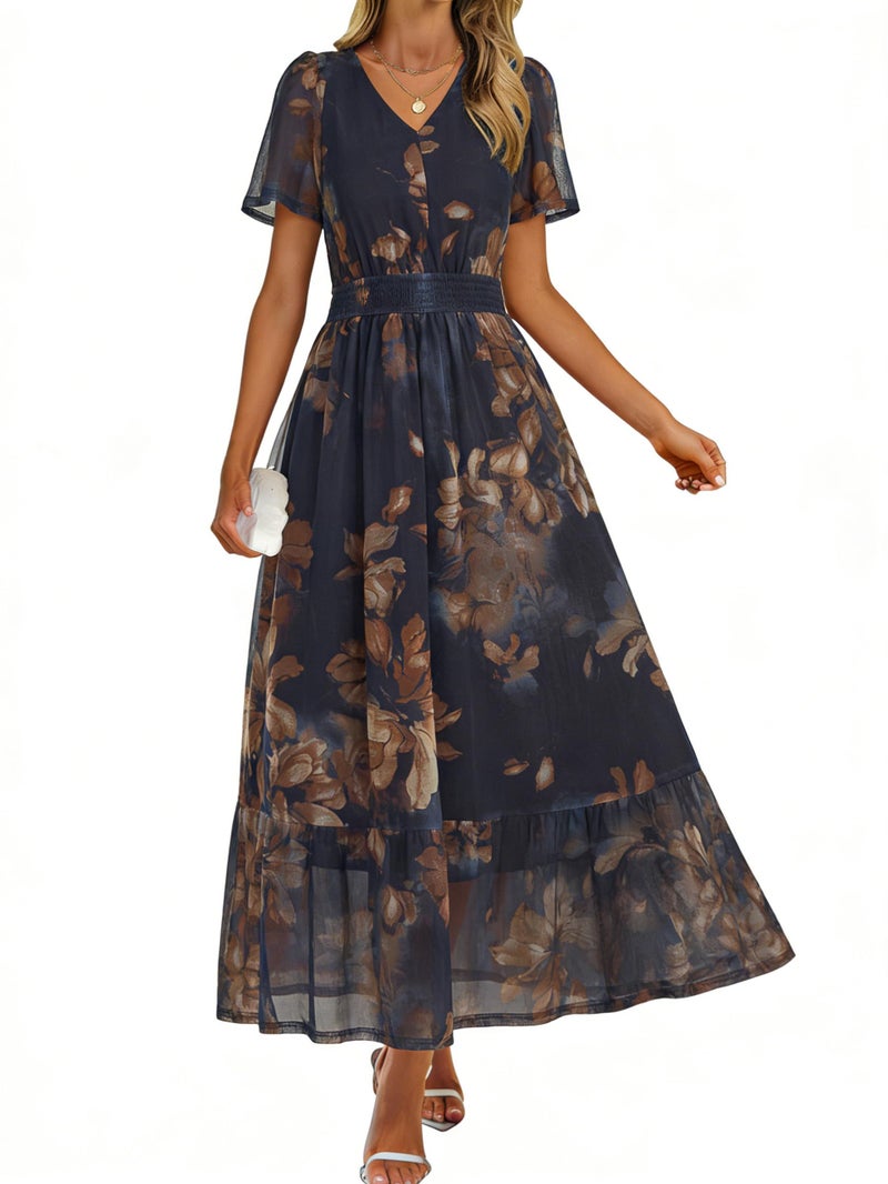 Simplee Womens Floral Boho Maxi Dress - Spring Summer Beach Vacation Formal Tea Party Dresses Casual Elegant Semi Formal Flowy Dress (Navy Blue Floral L) - Image 1