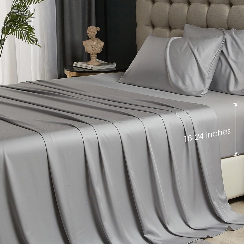 HYPREST Grey Sheets Queen Rayon Derived from Bamboo Silk Soft Breathable No Sweat Cooling Sheets for Hot SleepersExtra Deep Pocket Queen Sheets Fits 1824 Thick Mattress Luxury Bed Sheets Set
