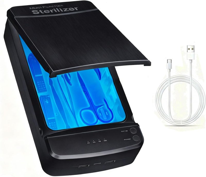 ALLGLAM صندوق تعقيم أدوات الأظافر، ALLGLAM صندوق تعقيم محمول USB لأدوات مانيكير الأظافر، ملاقط التجميل، الوشم، تنظيف الهاتف المحمول (أسود) - Image 1