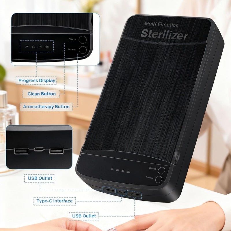 ALLGLAM صندوق تعقيم أدوات الأظافر، ALLGLAM صندوق تعقيم محمول USB لأدوات مانيكير الأظافر، ملاقط التجميل، الوشم، تنظيف الهاتف المحمول (أسود) - Image 3