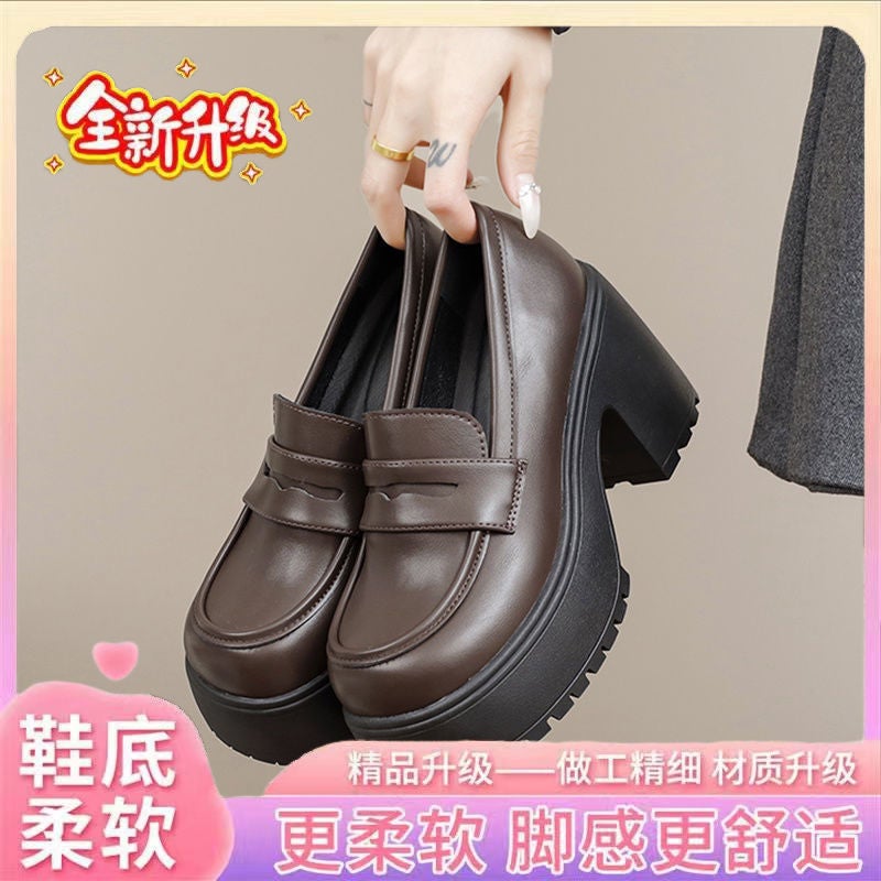 High Heeled Spring and Autumn 2024 New French Retro Jk Single Shoes Thick Sole Thick Heeled Loafers for Women Brown Upgrade