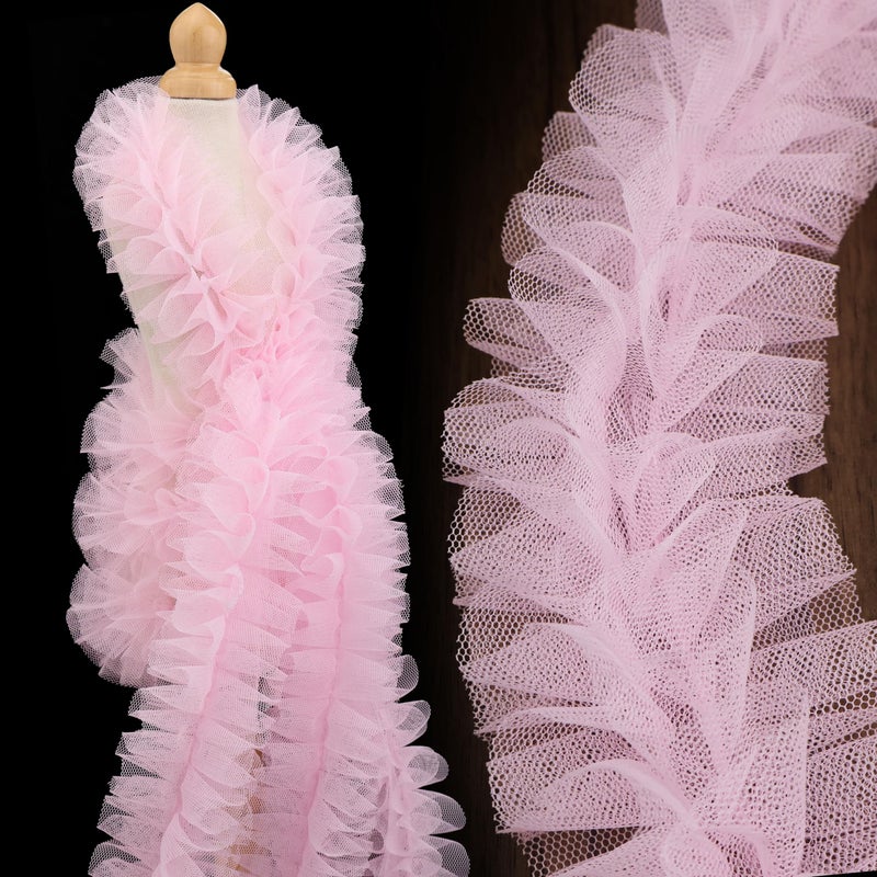 DHFLYDH Pink Ruffle Pleated Lace Trim 2 Yards Satin Ribbon Gather Edge for Applique Sewing Crafts, Home Decoration - Image 1