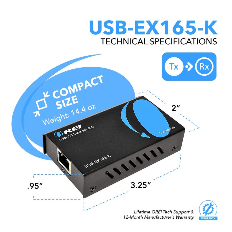OREI USB Over Cat5e/6 Extender Upto 165 Feet - Extends USB 2.0 Signal Over LAN Ethernet with 2 Ports - Power Over Cable for Long Distance Extension Supports All Operating System (USB-EX165-K) - Image 5