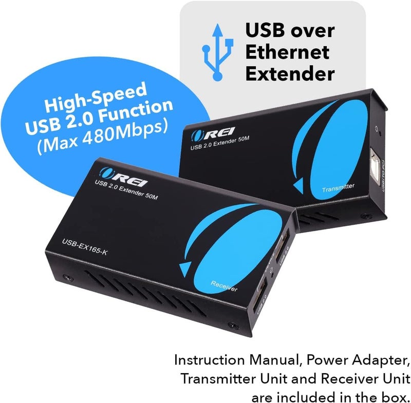 OREI USB Over Cat5e/6 Extender Upto 165 Feet - Extends USB 2.0 Signal Over LAN Ethernet with 2 Ports - Power Over Cable for Long Distance Extension Supports All Operating System (USB-EX165-K) - Image 2
