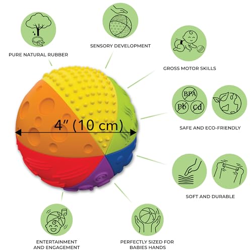 caaocho Pure Natural Rubber Sensory Ball Rainbow 4" - All Natural Sensory Toy, Promotes Sensory Development, Rainbow Colors, Perfect Bouncer, Gentle Squeaking, BPA Free, PVC Free, Food-Grade Paint - Image 2