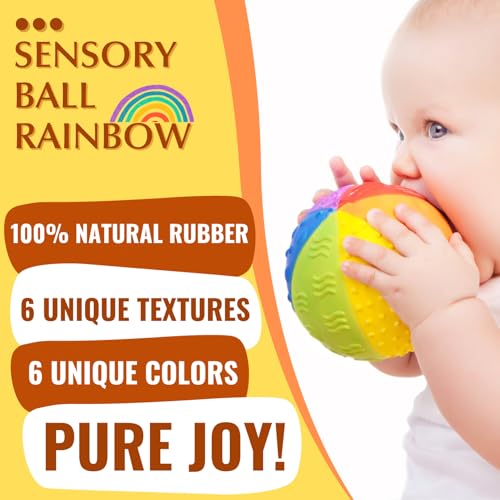 caaocho Pure Natural Rubber Sensory Ball Rainbow 4" - All Natural Sensory Toy, Promotes Sensory Development, Rainbow Colors, Perfect Bouncer, Gentle Squeaking, BPA Free, PVC Free, Food-Grade Paint - Image 3