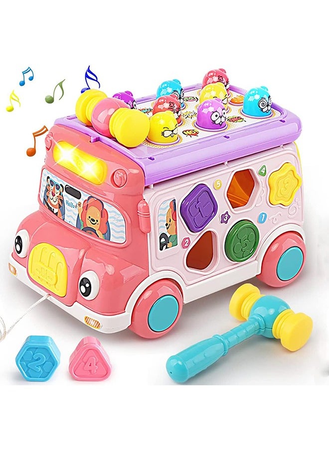 YelaJoy Cute Stone Push Pull Bus Toy, Baby Musical Learning Toys with Sound & Light, Whack-a-Mole Game, Shape Matching, Gear, Toy Clock, Activity Bus Toy Early Education Gift for Toddler Boys Girls  - Image 1