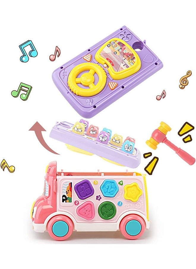 YelaJoy Cute Stone Push Pull Bus Toy, Baby Musical Learning Toys with Sound & Light, Whack-a-Mole Game, Shape Matching, Gear, Toy Clock, Activity Bus Toy Early Education Gift for Toddler Boys Girls  - Image 4