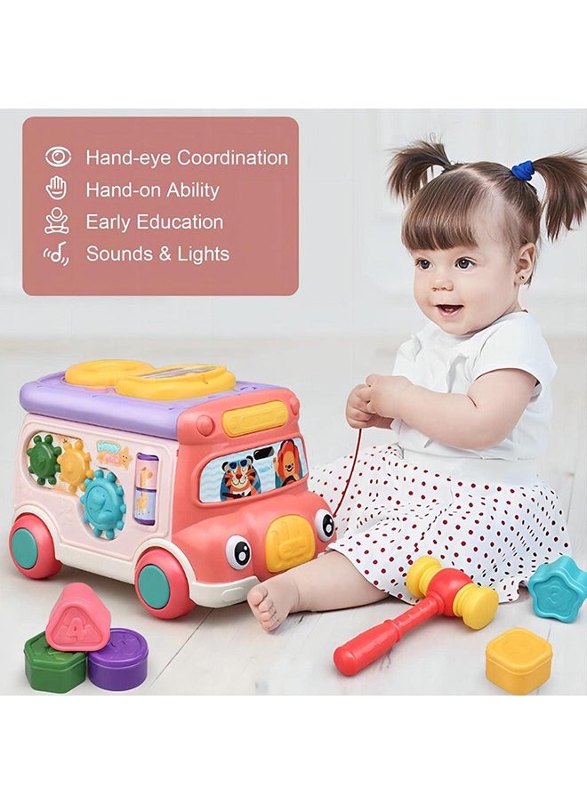 YelaJoy Cute Stone Push Pull Bus Toy, Baby Musical Learning Toys with Sound & Light, Whack-a-Mole Game, Shape Matching, Gear, Toy Clock, Activity Bus Toy Early Education Gift for Toddler Boys Girls  - Image 2