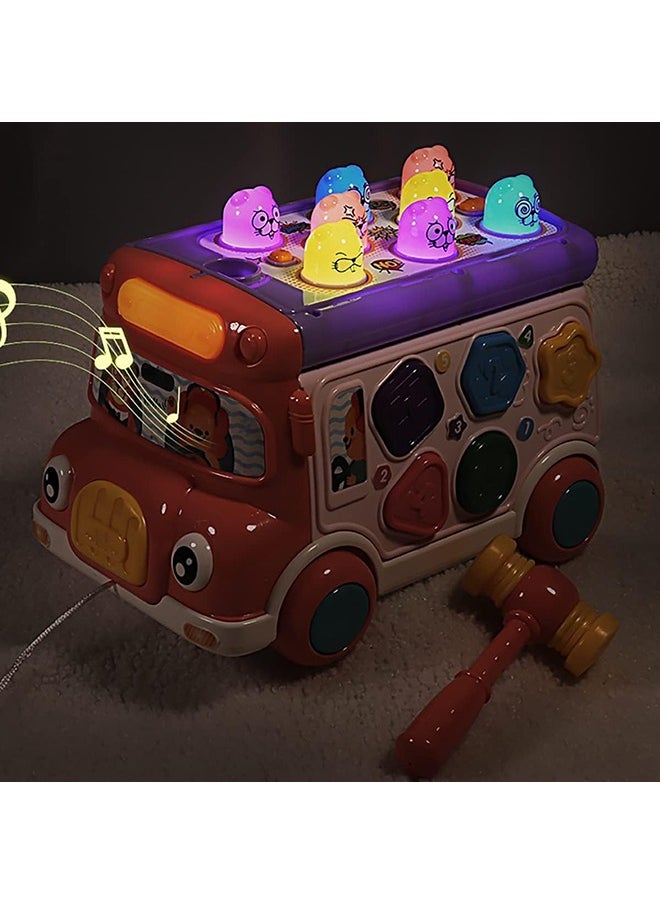 YelaJoy Cute Stone Push Pull Bus Toy, Baby Musical Learning Toys with Sound & Light, Whack-a-Mole Game, Shape Matching, Gear, Toy Clock, Activity Bus Toy Early Education Gift for Toddler Boys Girls  - Image 5