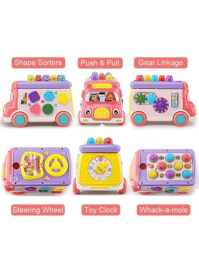 YelaJoy Cute Stone Push Pull Bus Toy, Baby Musical Learning Toys with Sound & Light, Whack-a-Mole Game, Shape Matching, Gear, Toy Clock, Activity Bus Toy Early Education Gift for Toddler Boys Girls  - Image 3