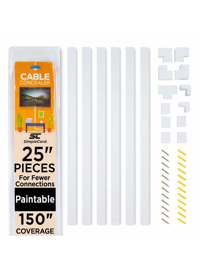 SimpleCord 150in Cord Hider Kit - 6-Pack 25in Cable Management for Wall-Mounted TV or Computer Cables - Paintable Wire Covers for Cords by Simple Cord (White) - Image 1