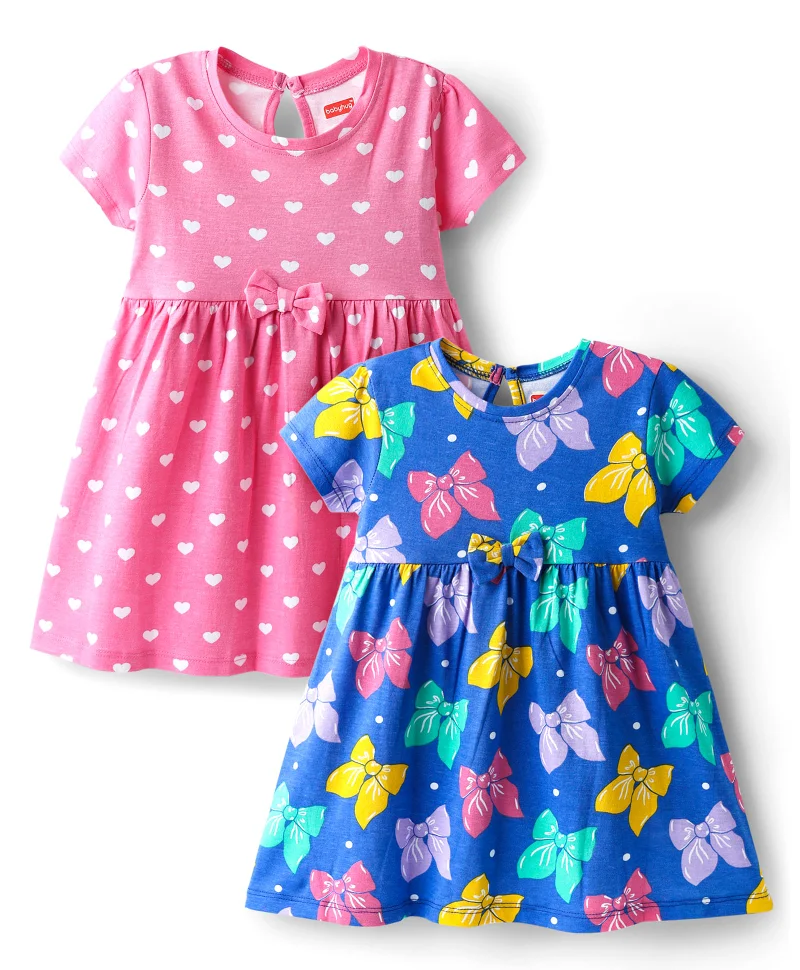 babyhug Babyhug Single Jersey Knit Half Sleeves Dresses with Hearts & Bow Print (Pack of 2) - Pink & Blue