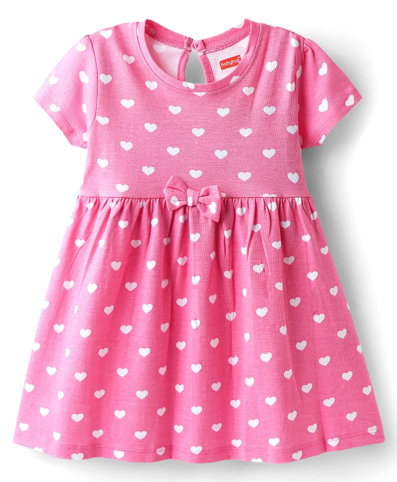 babyhug Babyhug Single Jersey Knit Half Sleeves Dresses with Hearts & Bow Print (Pack of 2) - Pink & Blue
