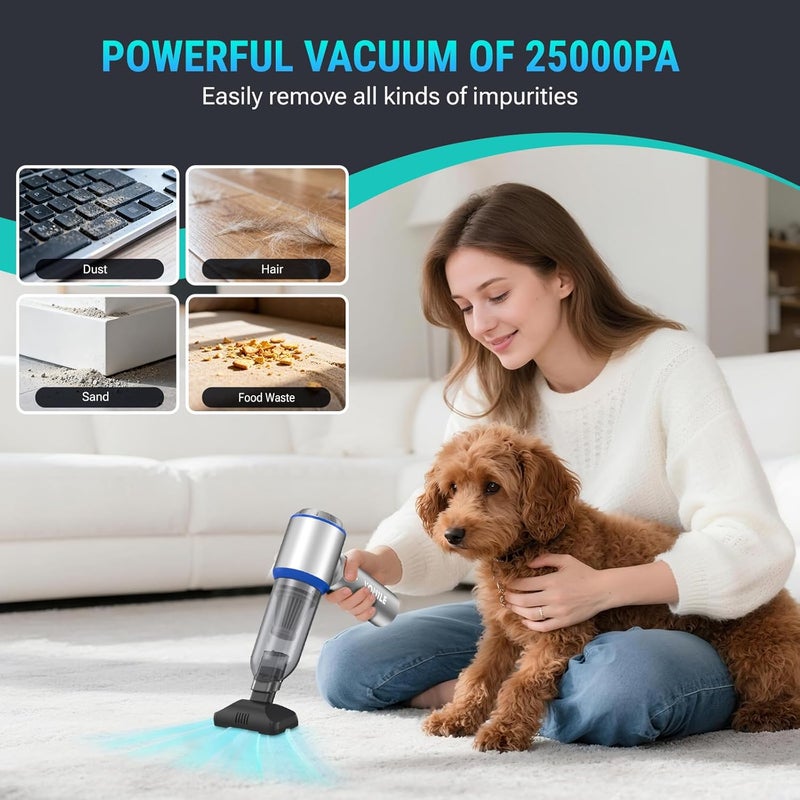 مكنسة يوميل الصغيرة (Yomile Mini Vacuum Cleaner)، مكنسة كهربائية للسيارات بدون فرشاة بقوة 25000 باسكال (25000PA) ومروحة هواء بسرعة 210000 دورة في الدقيقة (210000RPM)، ببطارية سعة 9000 مللي أمبير ساعة (9000mAh)، مكنسة يدوية لاسلكية مناسبة للسيارات والمكاتب والمنازل. - Image 2