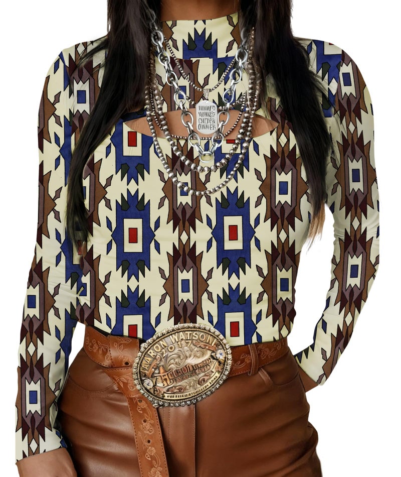 Urchics Womens Long Sleeve Shirts Western T-Shirt Slim Fit Hollow Out High Neck Y2k Tops Tee Geometry M - Image 1