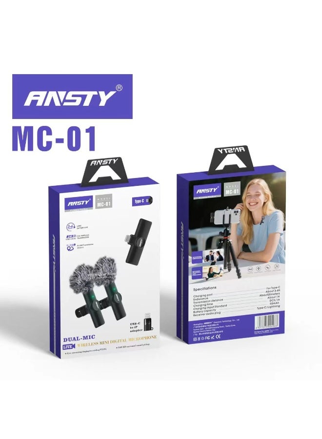ANSTY MC-01 Wireless Mini Digital Dual Microphone - 2-in-1 System with USB-C & IP Adapter for Vlogging, Interviews, and Live Streaming - Image 2
