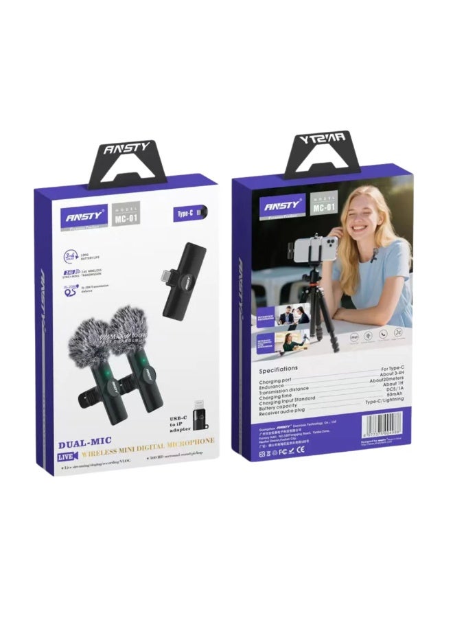 ANSTY MC-01 Wireless Mini Digital Dual Microphone - 2-in-1 System with USB-C & IP Adapter for Vlogging, Interviews, and Live Streaming - Image 3