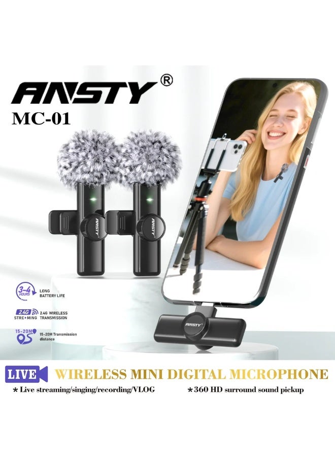ANSTY MC-01 Wireless Mini Digital Dual Microphone - 2-in-1 System with USB-C & IP Adapter for Vlogging, Interviews, and Live Streaming - Image 5