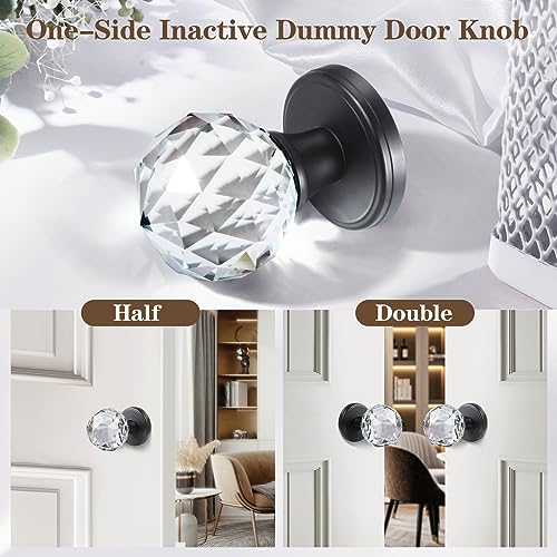 CLCTK 4 Pack Crystal Glass Dummy Door Knobs, Inactive Round Half-Dummy Door Knob Set, Single Side, Matte Black - Image 2