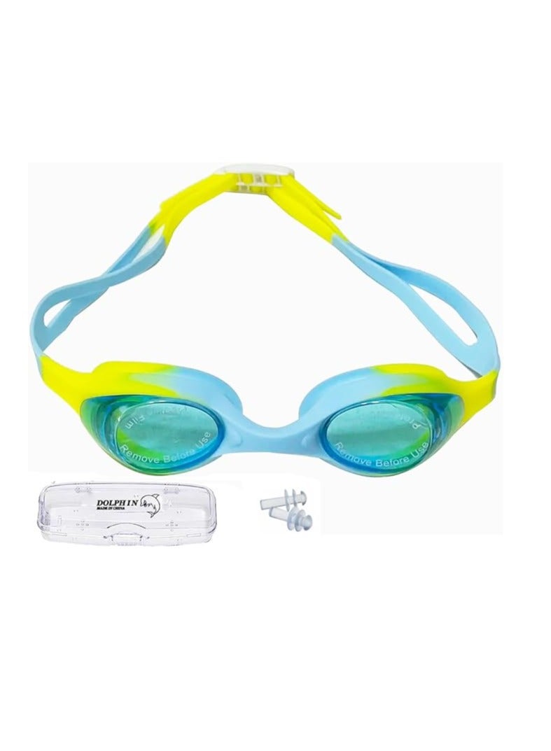 دولفين نظارات سباحة للأطفال ضد الضباب مع صندوق وسدادات أذن، أزرق فاتح /أصفر - Image 1