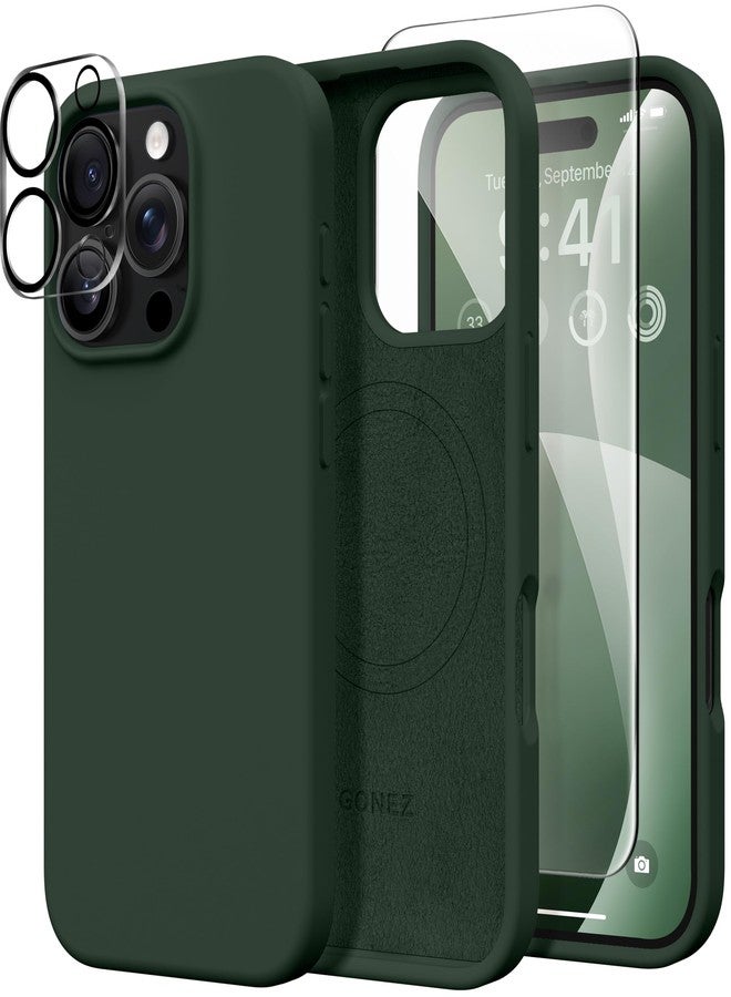 غونيز جراب GONEZ متوافق مع iPhone 16 Pro Max، متوافق مع MagSafe، جراب من السيليكون السائل، واقي شاشة + واقي عدسة، غطاء حماية كامل مقاوم للصدمات للهاتف 6.9 بوصة، أخضر داكن - Image 1