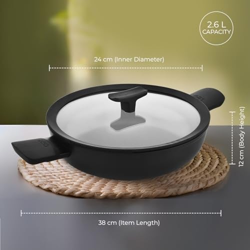 Berghoff 24cm Recycled Aluminum Non-Stick Cooking Kadhai & Toughened Glass Lid | CeraGreen Ceramic Coating | PTFE, PFAS Free | Induction, Dishwasher Ready | Black | 5 Yr Warranty - Image 3