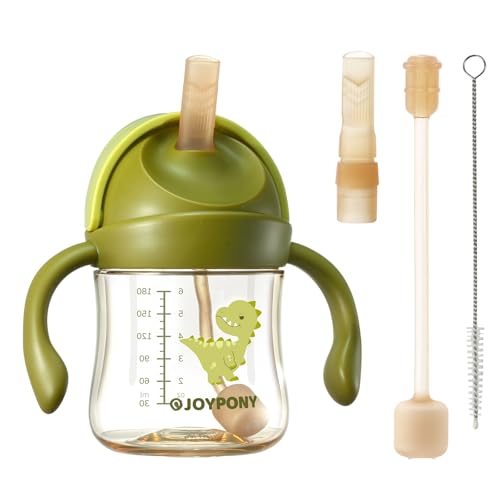 Joypony Baby Sippy Cups 6-12 Months, Spill Proof Weighted Straw Cup with Handle for Toddlers 1-3, 2 Silicone Straws, PPSU, BPA Free, 6 oz (Green) - Image 1