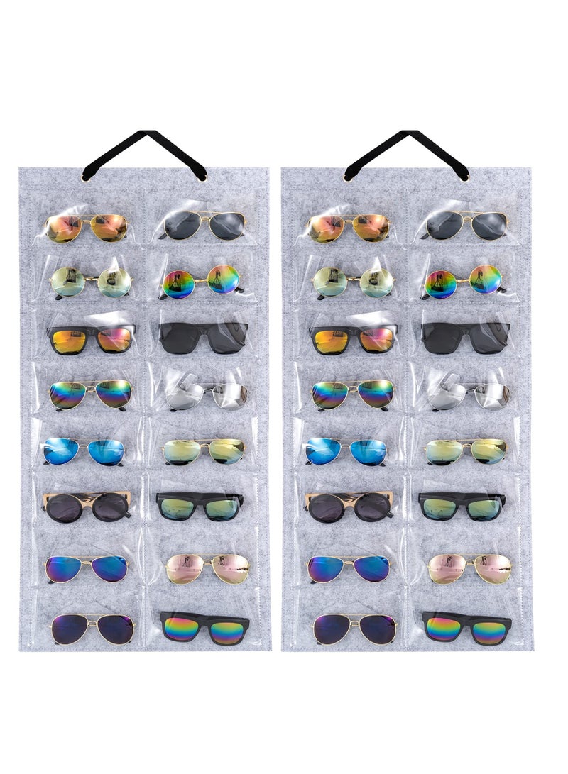Double-Sided Sunglasses Organizer with 16 Felt Slots - Hanging Storage Bag & Dust-Proof Wall Pocket for Easy Access - 2 Pack