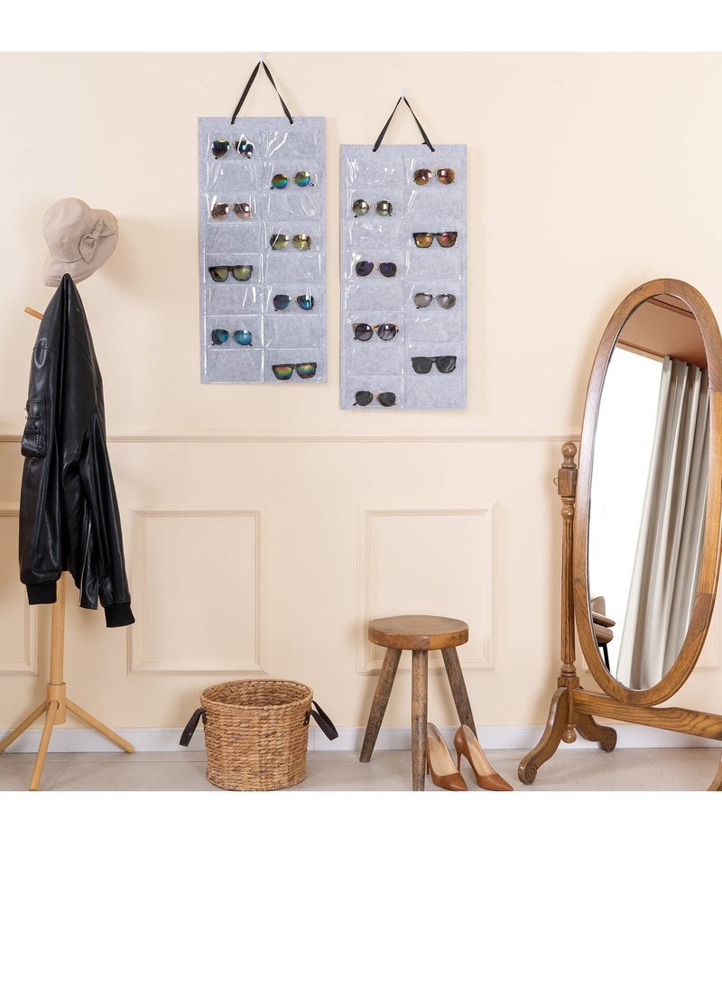 Double-Sided Sunglasses Organizer with 16 Felt Slots - Hanging Storage Bag & Dust-Proof Wall Pocket for Easy Access - 2 Pack
