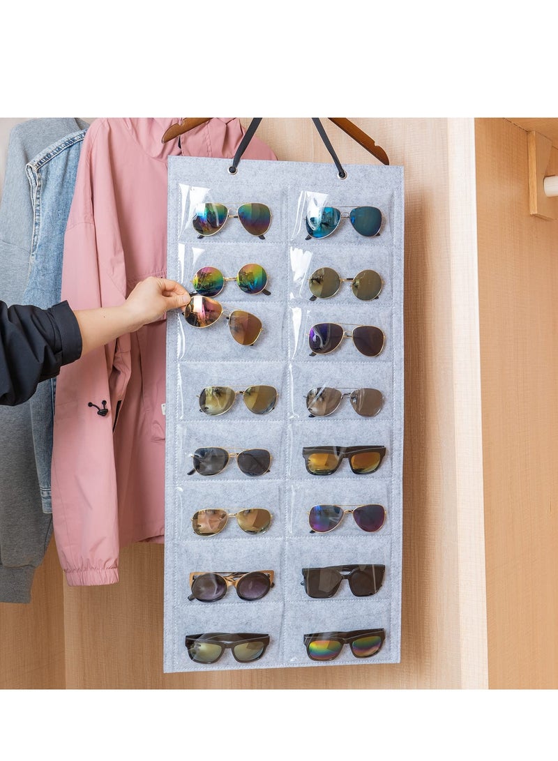 Double-Sided Sunglasses Organizer with 16 Felt Slots - Hanging Storage Bag & Dust-Proof Wall Pocket for Easy Access - 2 Pack