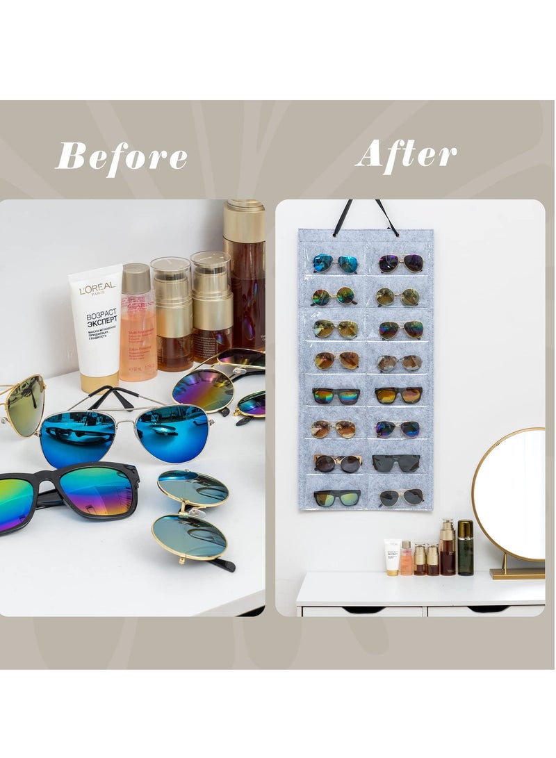 Double-Sided Sunglasses Organizer with 16 Felt Slots - Hanging Storage Bag & Dust-Proof Wall Pocket for Easy Access - 2 Pack