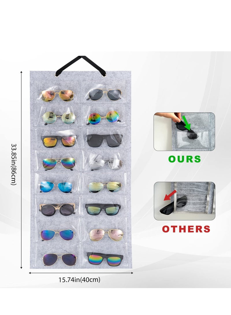 Double-Sided Sunglasses Organizer with 16 Felt Slots - Hanging Storage Bag & Dust-Proof Wall Pocket for Easy Access - 2 Pack