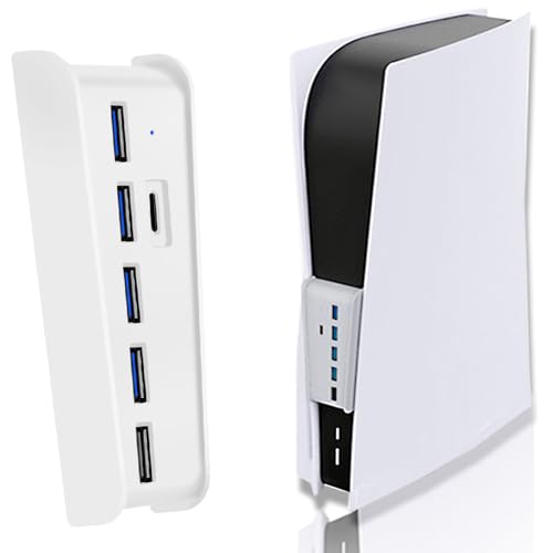 Megadream 6 Port USB Hub for PS5 Accessories, High-Speed Expansion Hub Charger Splitter Adapter with 4 USB + 1 USB Charging Port + 1 Type C Port, Compatible with PlayStation 5 Console Front Jacks, White - Image 1
