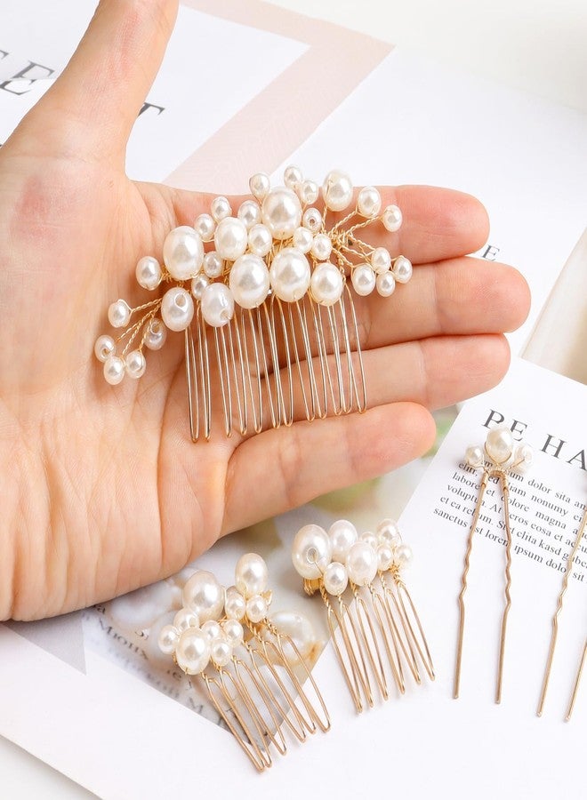 Sppry Pearl Hair Combs and Hair Pins for Bridal Women, Decorative Hair Accessories for Wedding Prom, Set of 5 (Gold) - Image 3