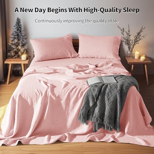 LBRO2M 100 Pure Linen Sheet Set Deep Pocket Up to 16 Bed Sheets Sets Natural Flax Beddings Soft Breathable Comfortable for All Seasons 4 Pcs Sheet Set Queen Size Blush Pink - Image 3