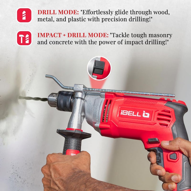 iBELL Industrial Impact Drill ID13-30,1100W, Copper Armature, Chuck 13mm manual, 0-3000 RPM, 2 mode selector, Forward/Reverse with variable speed - Image 4