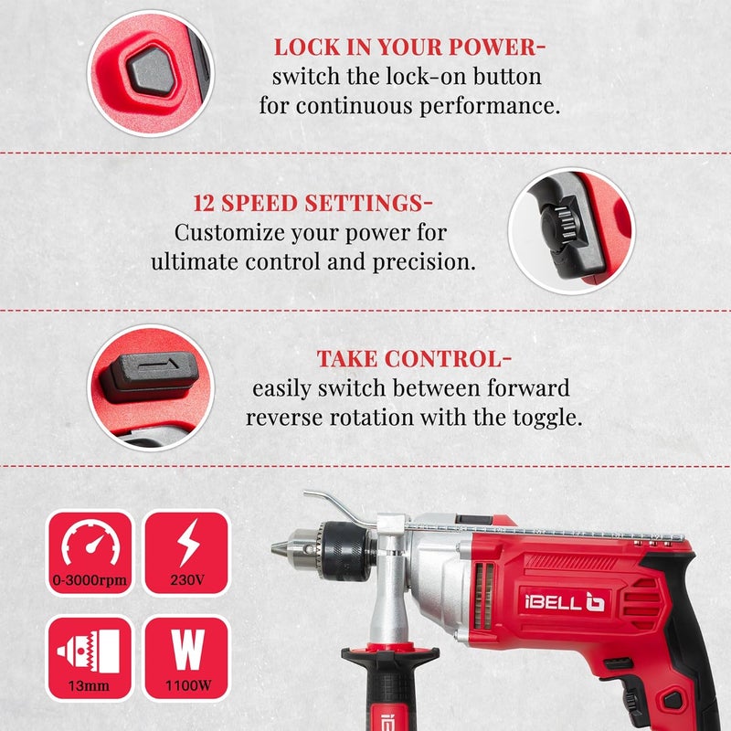 iBELL Industrial Impact Drill ID13-30,1100W, Copper Armature, Chuck 13mm manual, 0-3000 RPM, 2 mode selector, Forward/Reverse with variable speed - Image 3