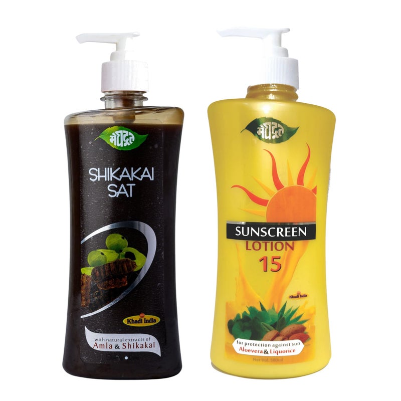 Meghdoot Ayurvedic Herbal Sunscreen lotion for Sunburn Protection and Herbal Shikakai Shampoo For Hair Growth, Hair Fall Control, Dandruff Control,Head Lice Treatment, 500ml Each (Pack of 2) - Image 1