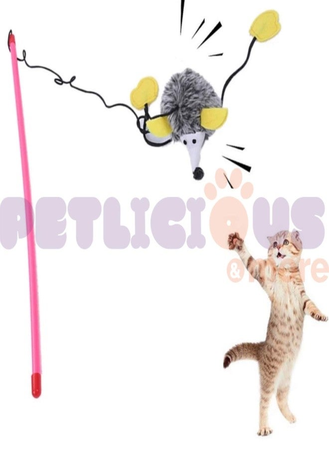 PETLICIOUS & MORE مجموعة ألعاب القطط Petlicious & More - عصا لعب على شكل قنفذ تصدر صوتًا بالريش | عصا خشبية من الجوت على شكل فأر | ألعاب للقطط الصغيرة (مجموعة من قطعتين) - Image 2