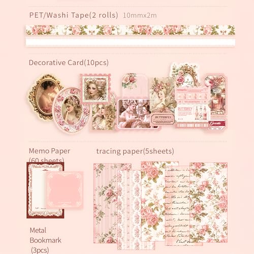 The AutoStory Elegant Scrapbook Album A6 Junk Journal Flower Stickers Vintage Collage Paper Washi Tape DIY Craft Art Keepsake Memory Book Decoration Sets Teens Girls (Royal Camelia, Pink) - Image 5